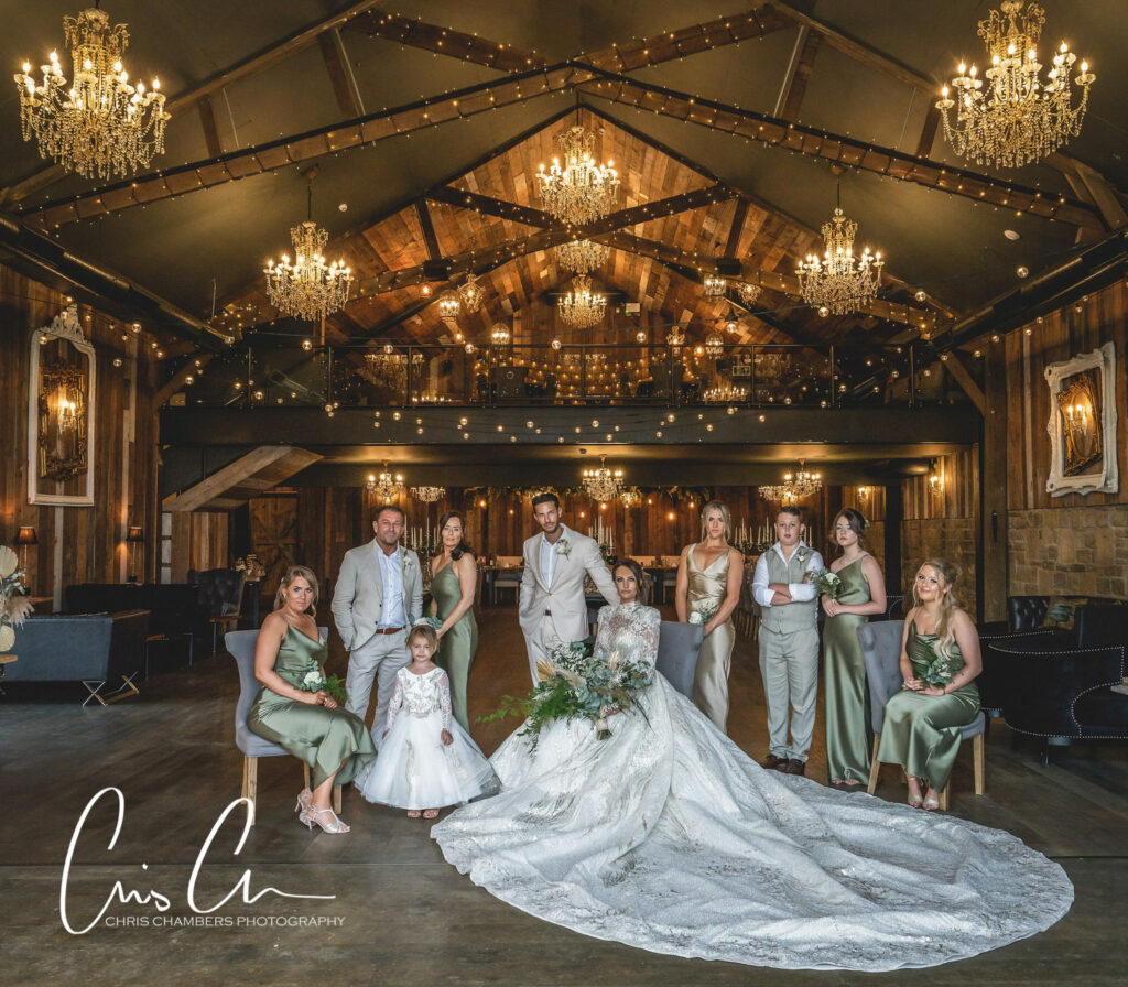 Wharfedale Grange wedding photography. Wedding party pose in the South Barn