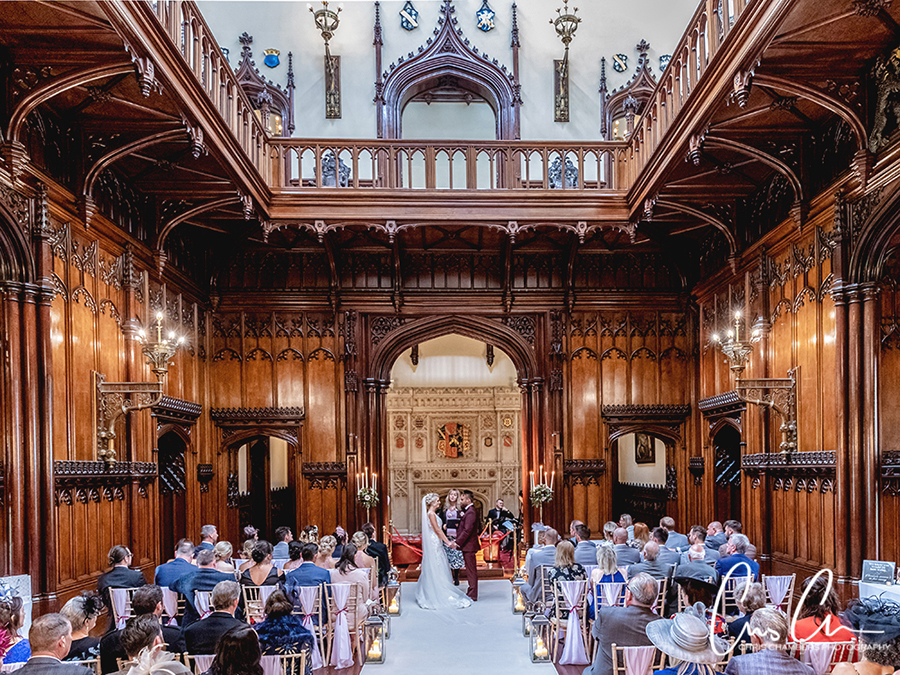 Wedding ceremony in the Great Hall at Allerton Castle North Yorkshire. Chris Chambers Photography