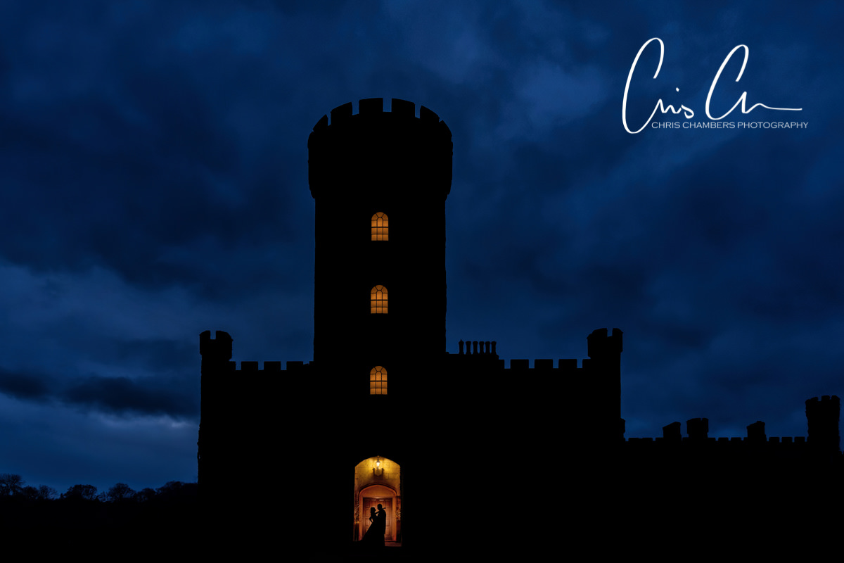 twilight wedding photography using flash. North Yorkshire. Swinton Park Wedding Photographer