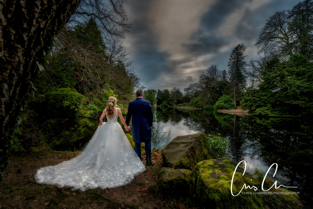 Bride and groom from behind showing the wedding dress. Swinton Park Wedding Photograph