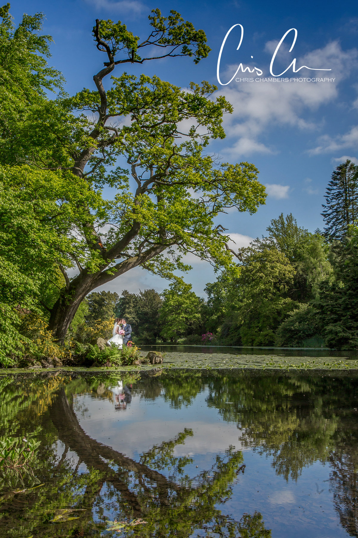 Bride and groom reflection wedding photo. Swinton Park Wedding Photographer