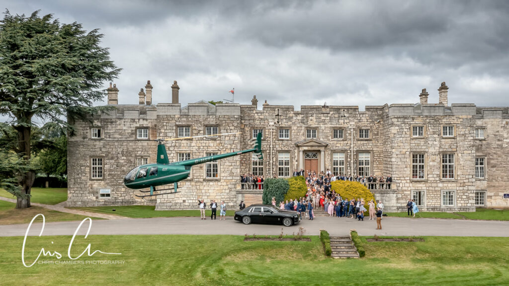 Wedding helicopter ride for the bride and groom. Hazlewood castle wedding helicopter