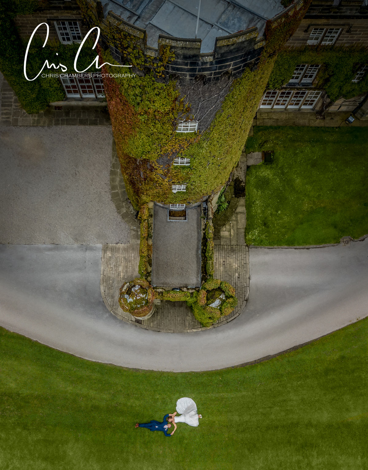 Swinton Park Wedding Photograph. Bride and groom photograph taken with a drone. 