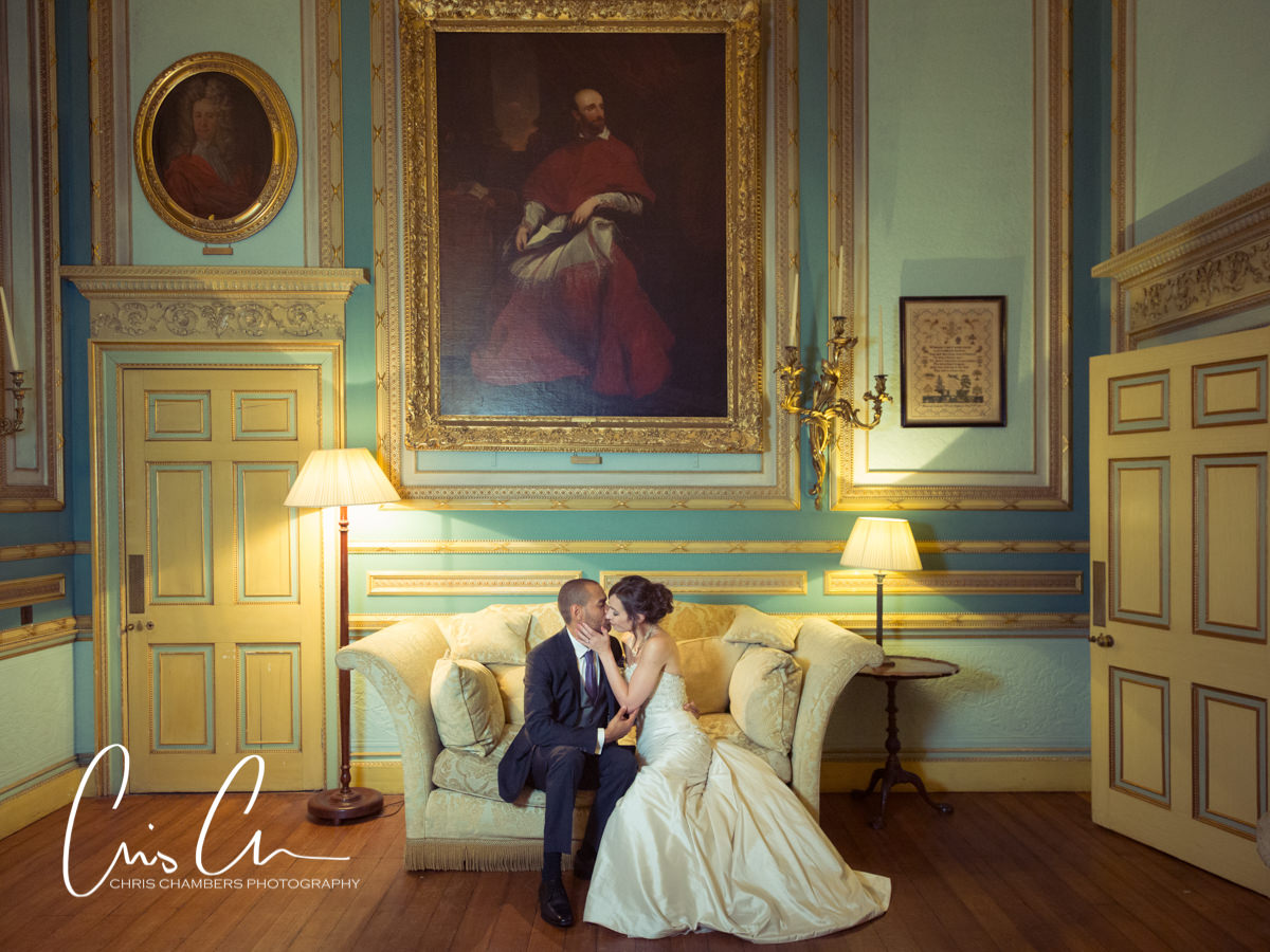 Bride and groom in the drawing room at Swinton Park - Yorkshire Wedding Photographer