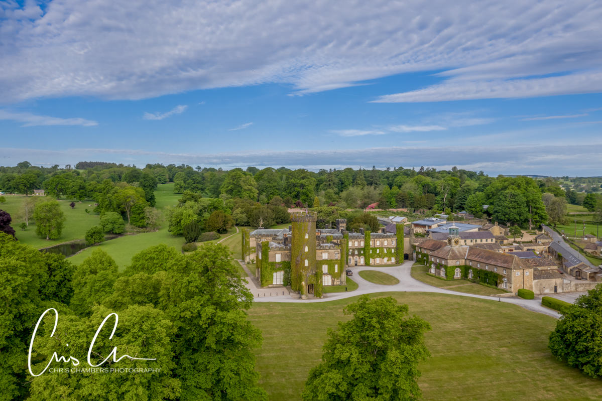 Drone photo of Swinton park estate and wedding venue North yorkshire. Swinton Park Wedding Photograph