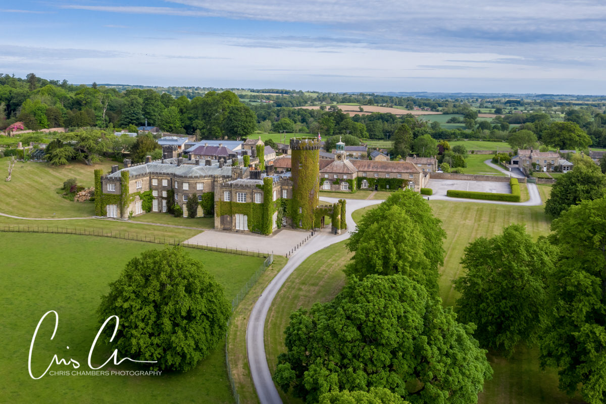 Drone photo of Swinton park estate and wedding venue North yorkshire. Swinton Park Wedding Photograph