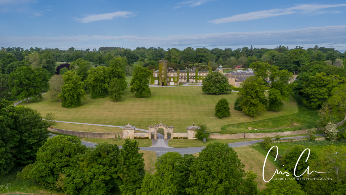 Drone photo of Swinton park estate and wedding venue North yorkshire. Swinton Park Wedding Photograph