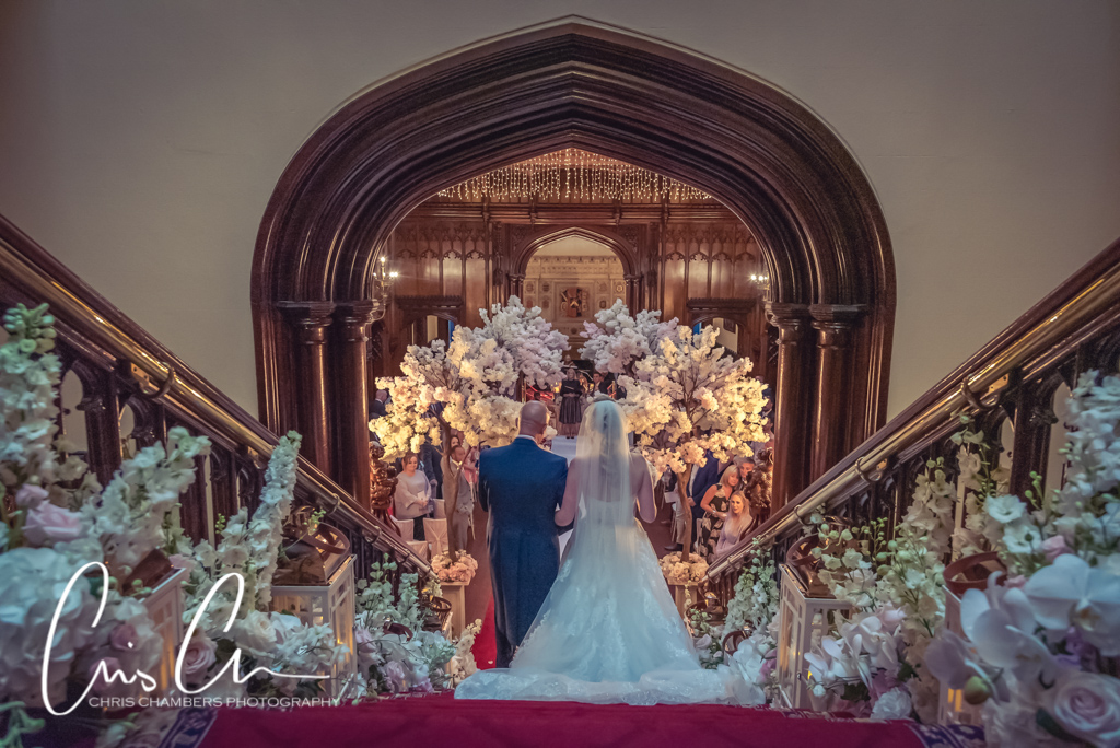 Bridal entrance at Allerton Castle. Beauty and the Beast themed wedding photography at Allerton castle North Yorkshire