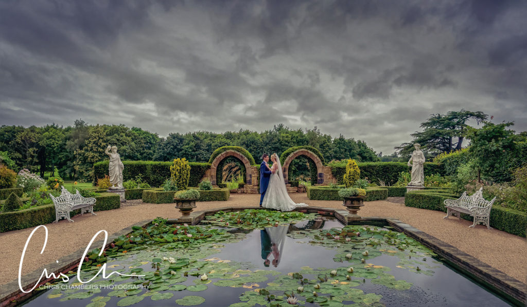 Allerton Castle wedding photography. Bride and groom in the memorial garden at Allerton Castle. 