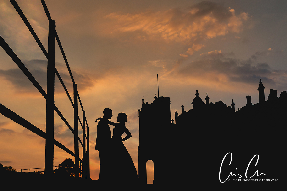 Allerton Castle wedding photograph of a bride and groom at sunset on their wedding day