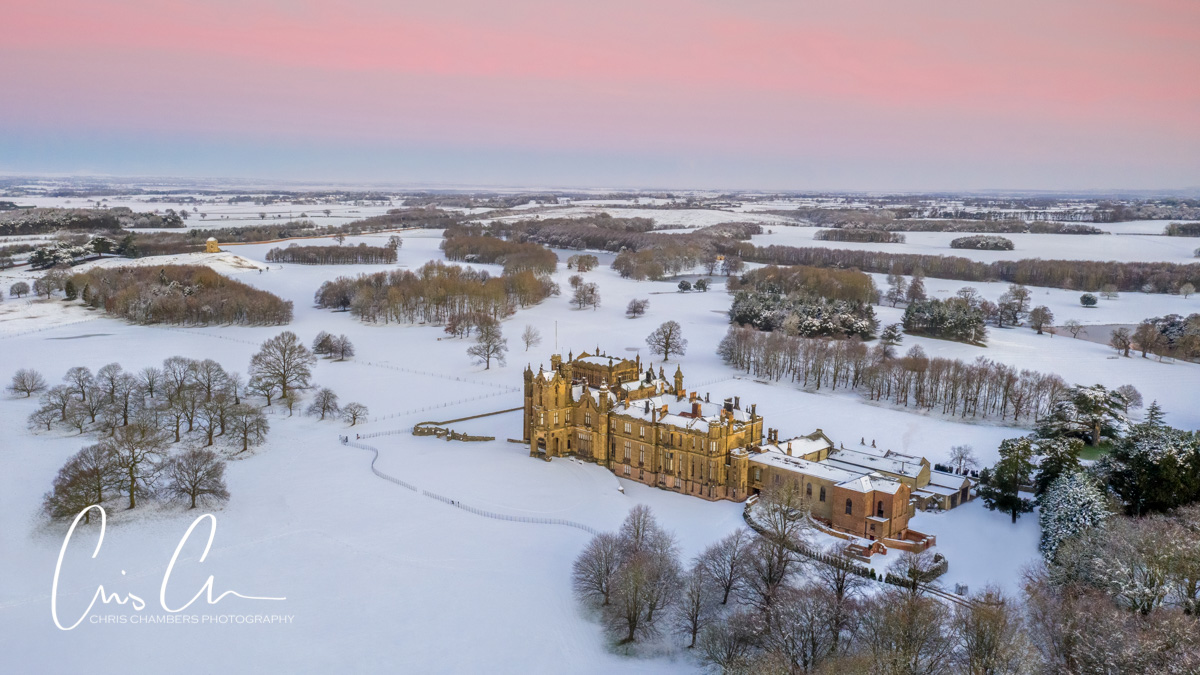 Allerton Castle in the snow, drone photo aerial view of the historic north yorkshire castle
