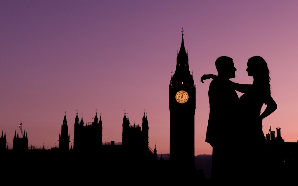 Bride and groom silhouette with Big Ben, London at sunset.