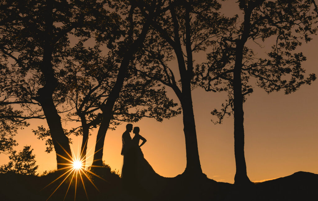 Couple silhouette sunset trees. Chris Chambers Yorkshire wedding photographer