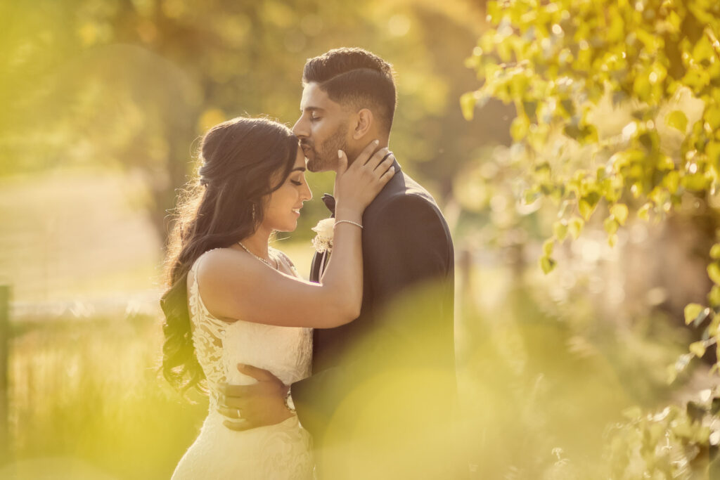 Couple embracing in romantic, sunlit setting in the grounds of Hazlewood Castle