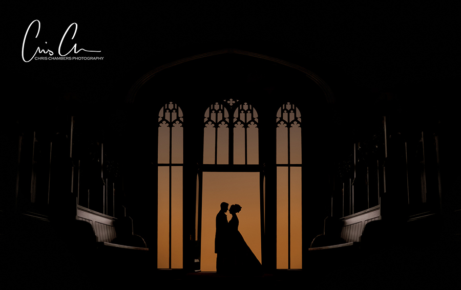 Bride and groom silhouettes at sunset inside Allerton Castle North Yorkshire