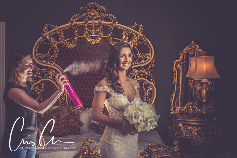Bridal Preparations in the Palace Suite at Allerton Castle North Yorkshire. Chris Chambers, award winning wedding photographer.