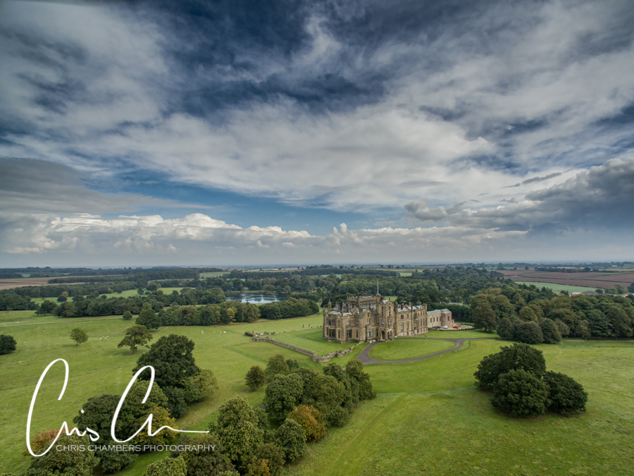 Allerton Castle Wedding venue in North Yorkshire close to Knaresborough , Harrogate and York the castle and amazing grounds can be seen clearly in this aerial photograph. 