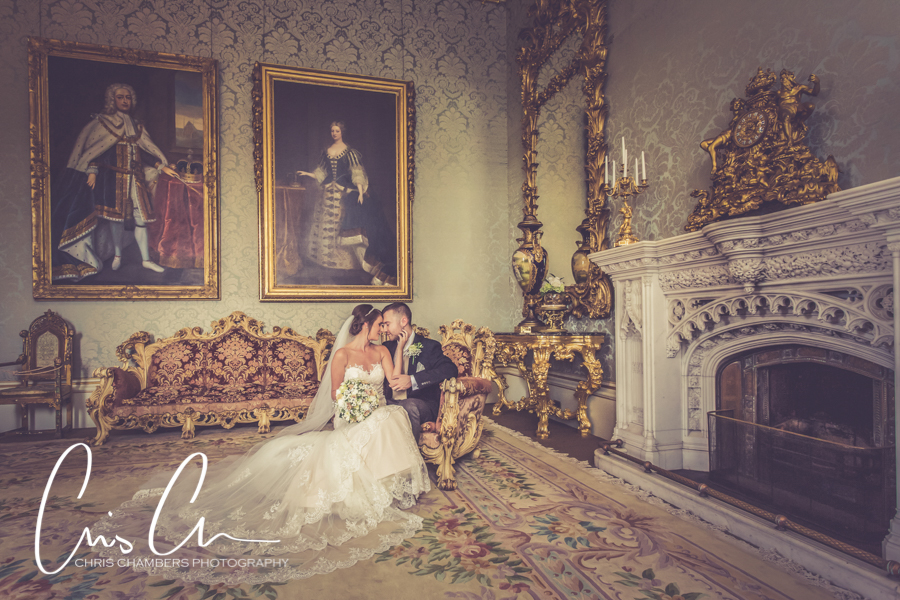 Bride and groom in the Drawing room at Allerton Castle during their wedding day. Allerton Castle wedding photography.