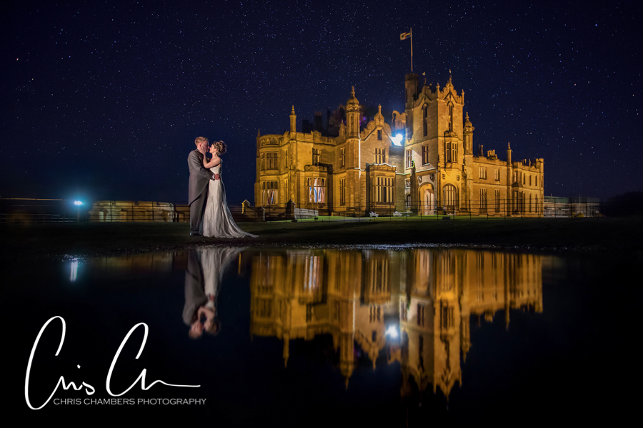 Reflections outside Allerton Castle at night. An amazing wedding venue and backdrop for photos. 