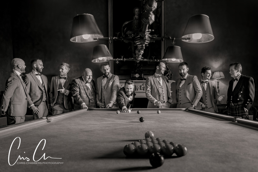 Allerton Castle wedding photography showing the groom and groomsmen in the Billiard Room before the wedding ceremony. 