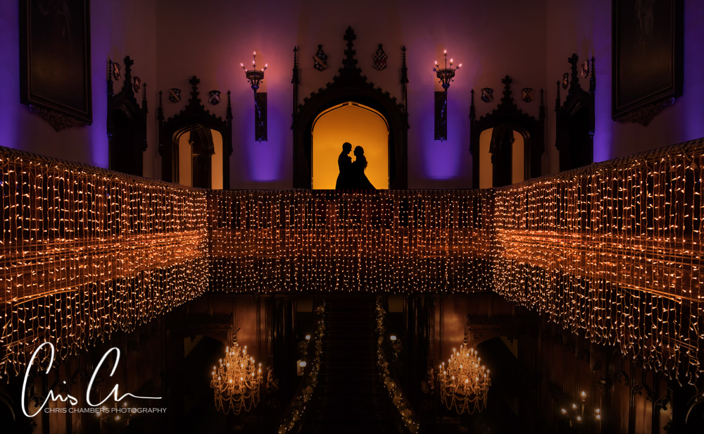 Bride and groom silhouette inside Allerton Castle North Yorkshire. Twilight wedding photography. 