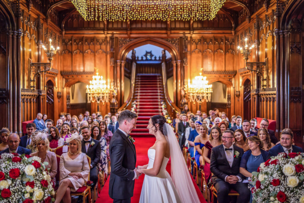 Wedding ceremony in the Great Hall at Allerton Castle. Wedding Photography from Chris Chambers