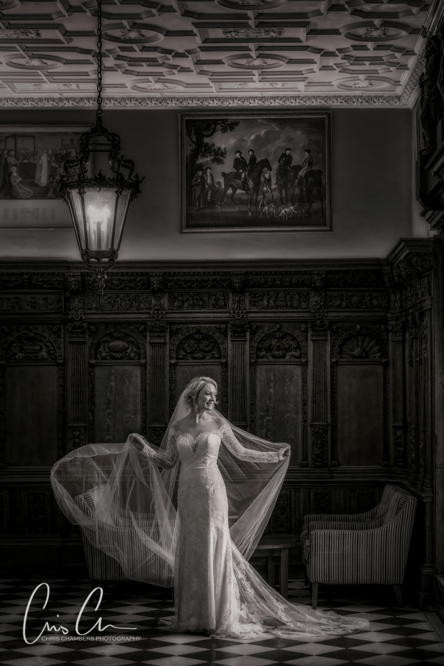 Hazlewood Castle wedding photograph, chris chambers wedding photographer. Bride in the flemish hall at hazlewood castle