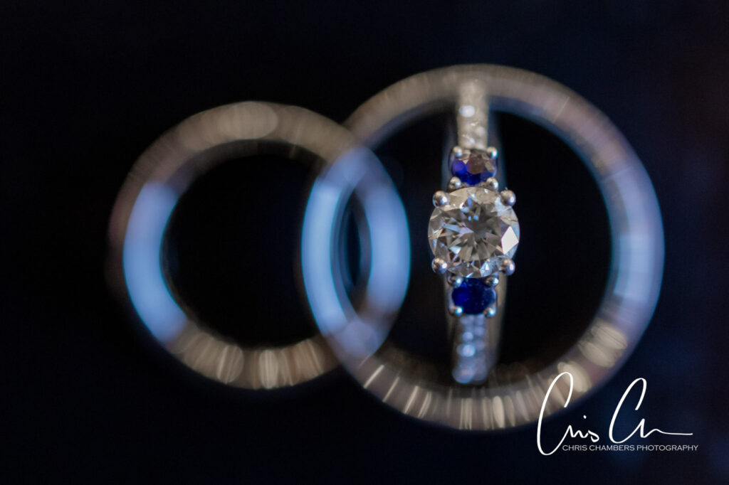 Diamond engagement ring with sapphire accents. Manor House Lindley weddings.