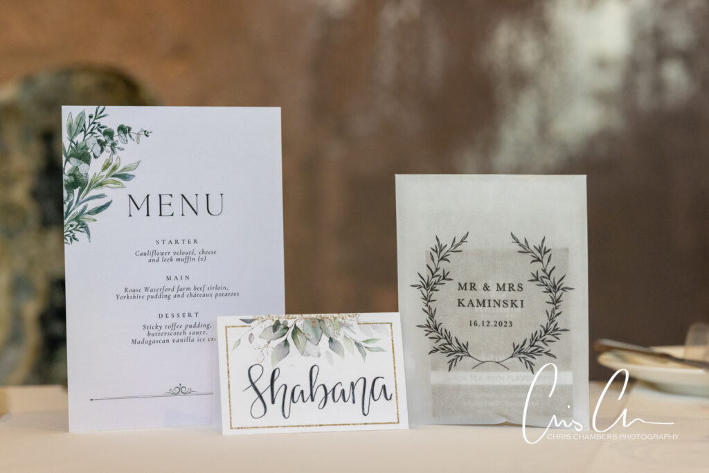 Elegant wedding menu and place cards with greenery design. Manor House Lindley weddings.