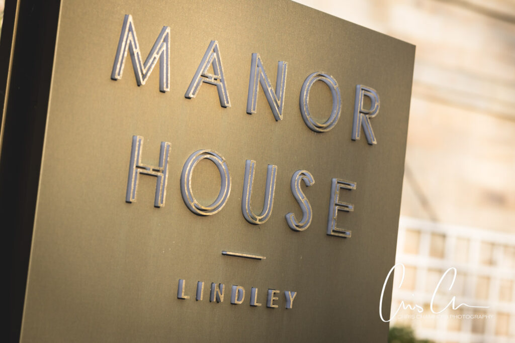 Elegant Manor House Lindley sign with raised letters. Manor House Lindley weddings.