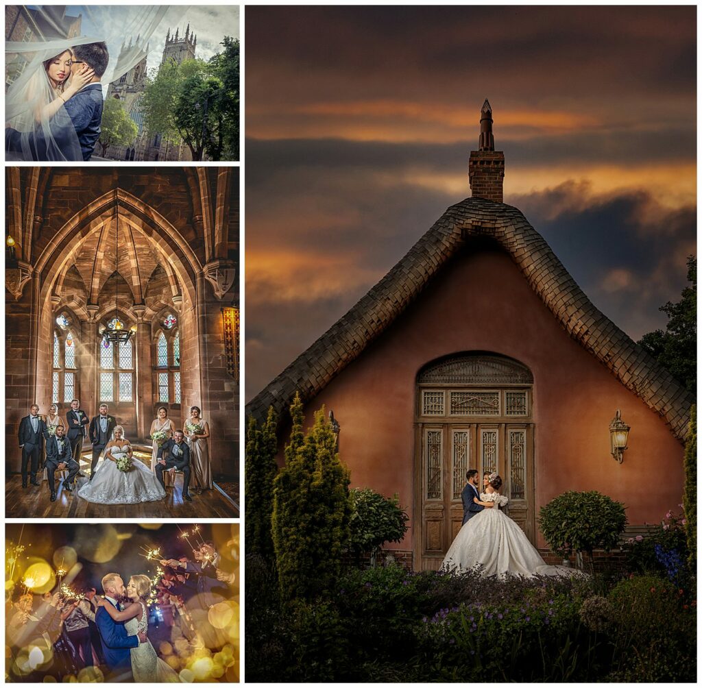 Collage of romantic wedding scenes and architecture.