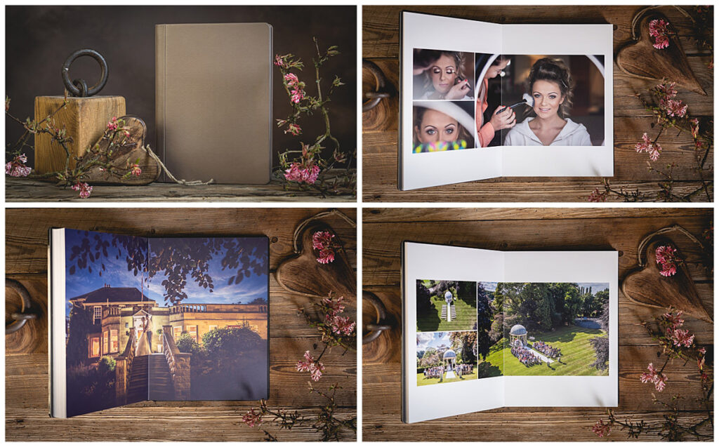 Collage of photo album pages on wooden background.
