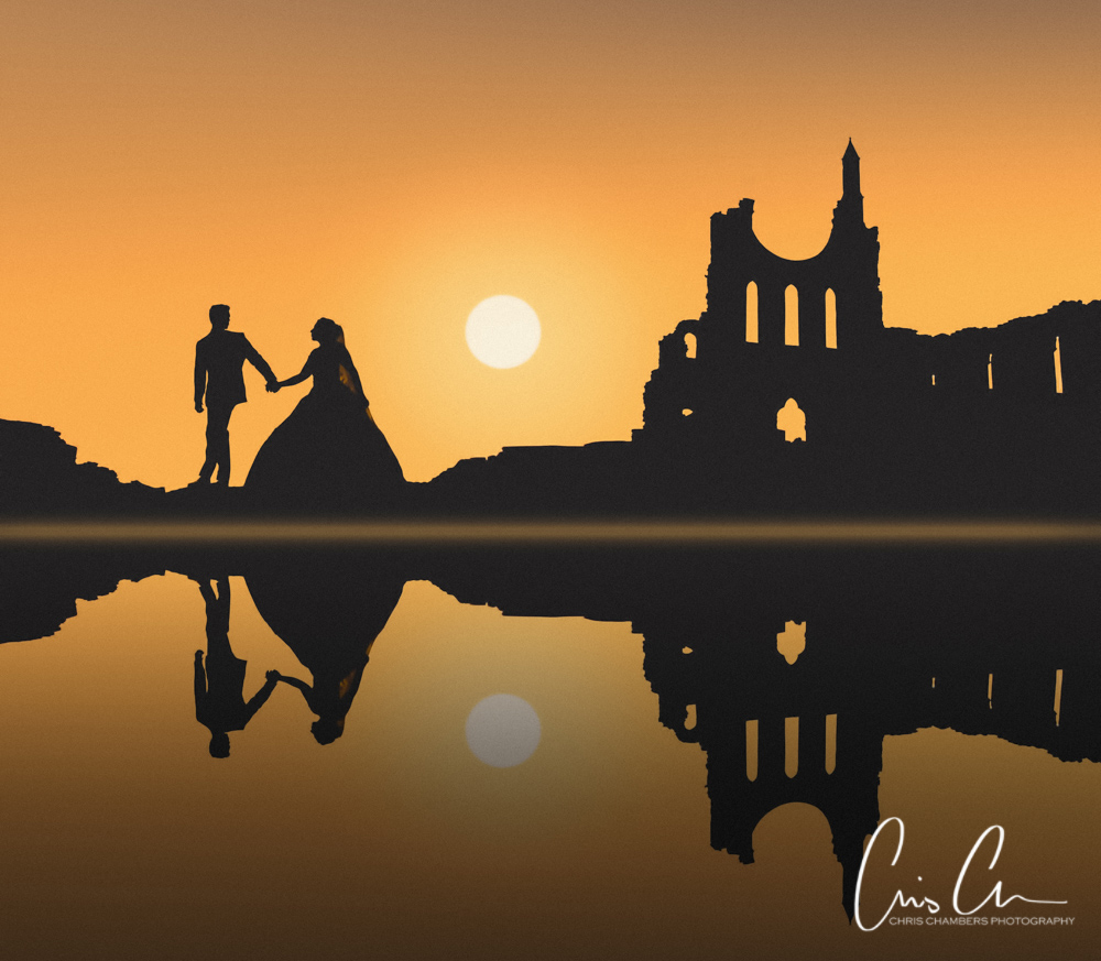 Wedding Photography Yorkshire. Sunset silhouette of bride and groom.