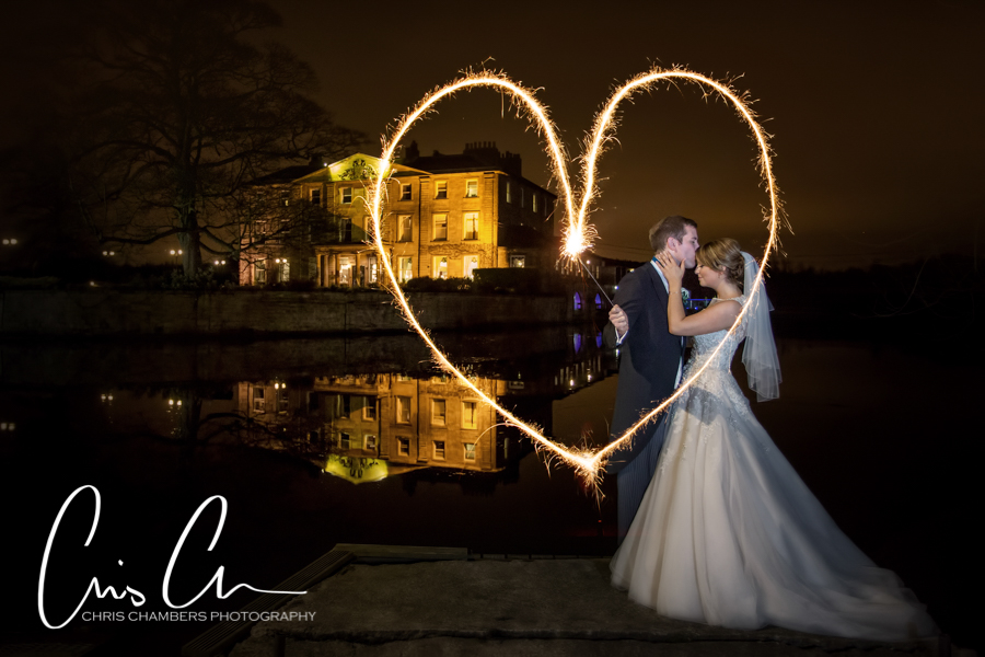 Walton Hall wedding photography in Yorkshire with bride and groom and sparklers at night with a reflection of Walton Hall behind them