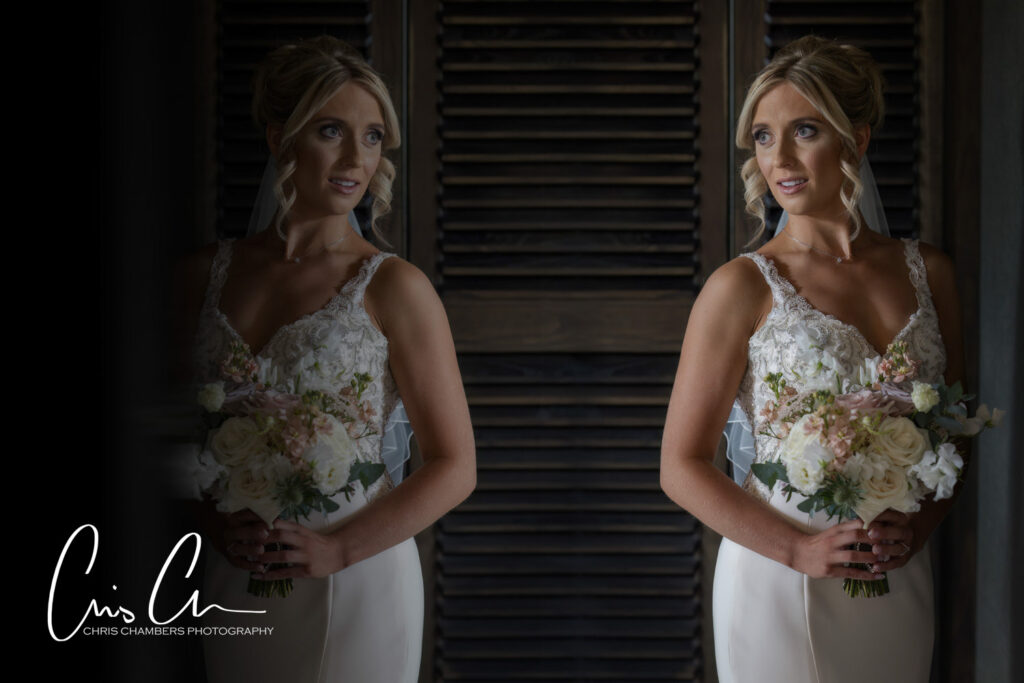 Bridal portrait reflecting in mirror with bouquet. Manor House Lindley weddings
