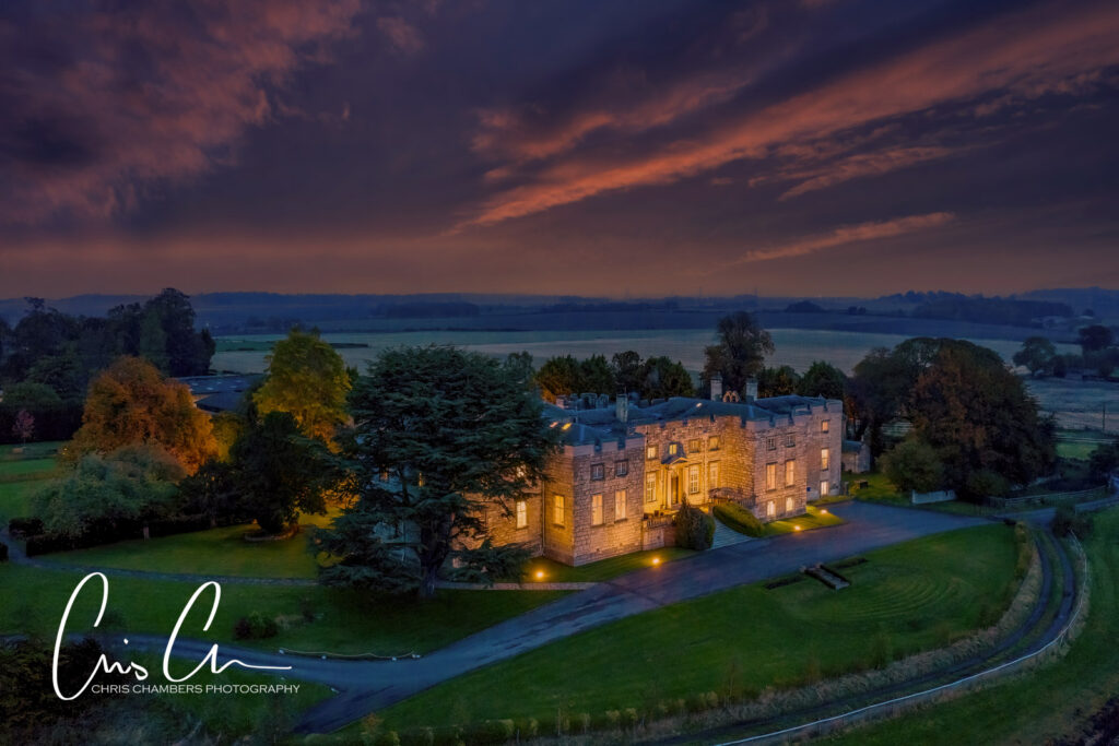 Hazlewood Castle wedding venue near York. Aerial view of the castle by award winning wedding photographer Chris Chambers