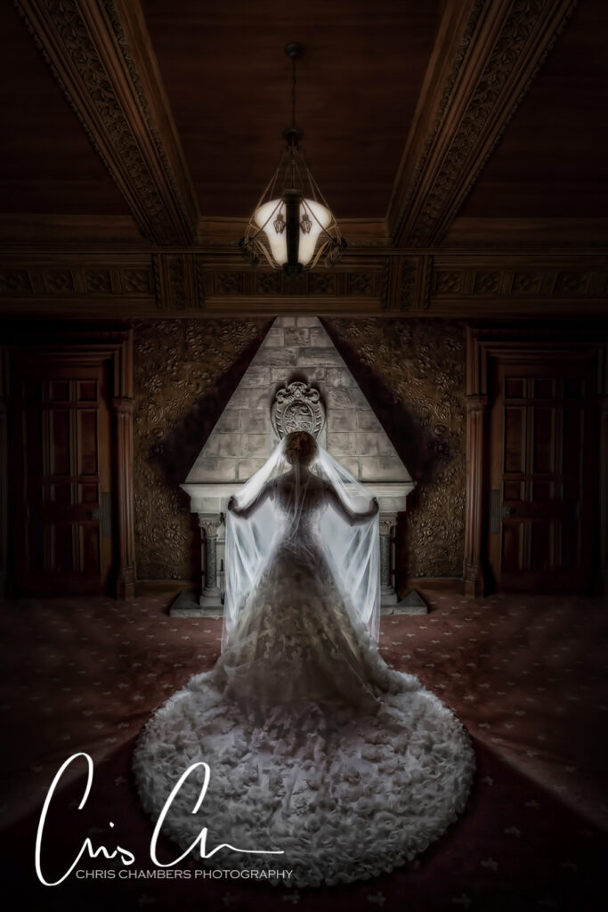Bride in ornate hall with vintage lighting. Hazlewood Castle Wedding Photography