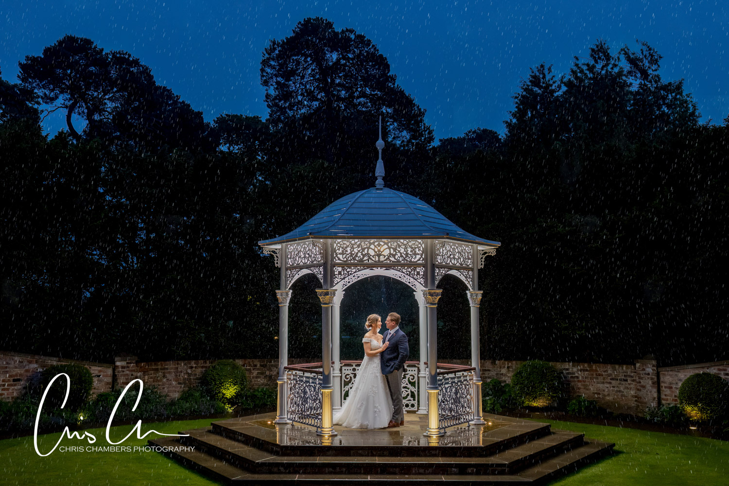 Aldwark Manor wedding photographer. The pagoda after dark. Full day wedding coverage at Aldwark Manor
