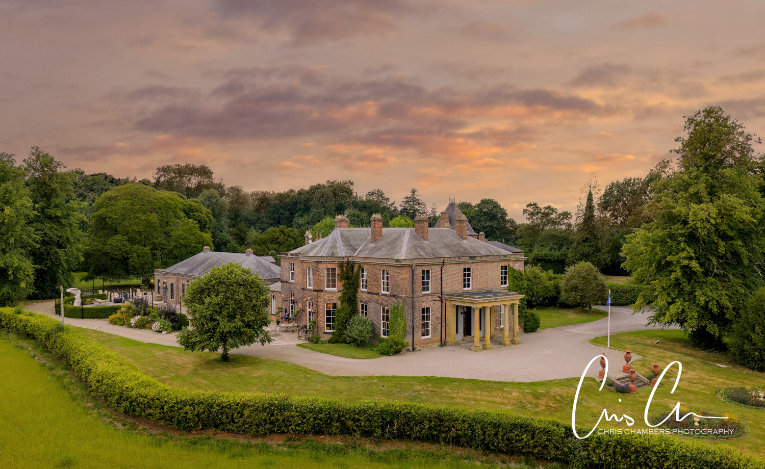 Solberge Hall wedding venue. Aerial view of the North Yorkshire venue. Chris Chambers Photography