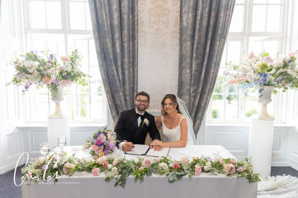 Wedding ceremony in the old Dining room at Hazlewood castle.