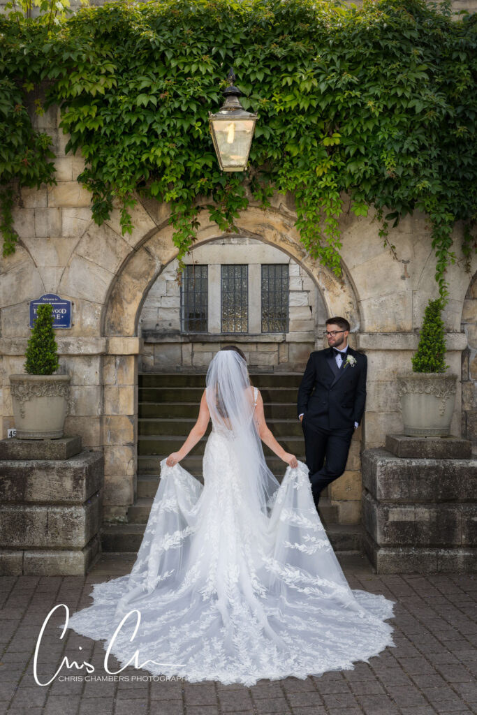 bride and groom portrait at Hazlewood Castle. Award winning wedding photography