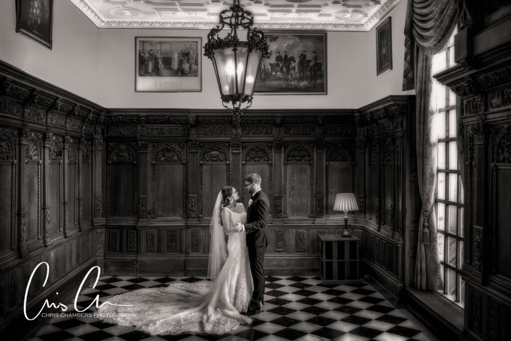 bride and groom portrait at Hazlewood Castle. Award winning wedding photography