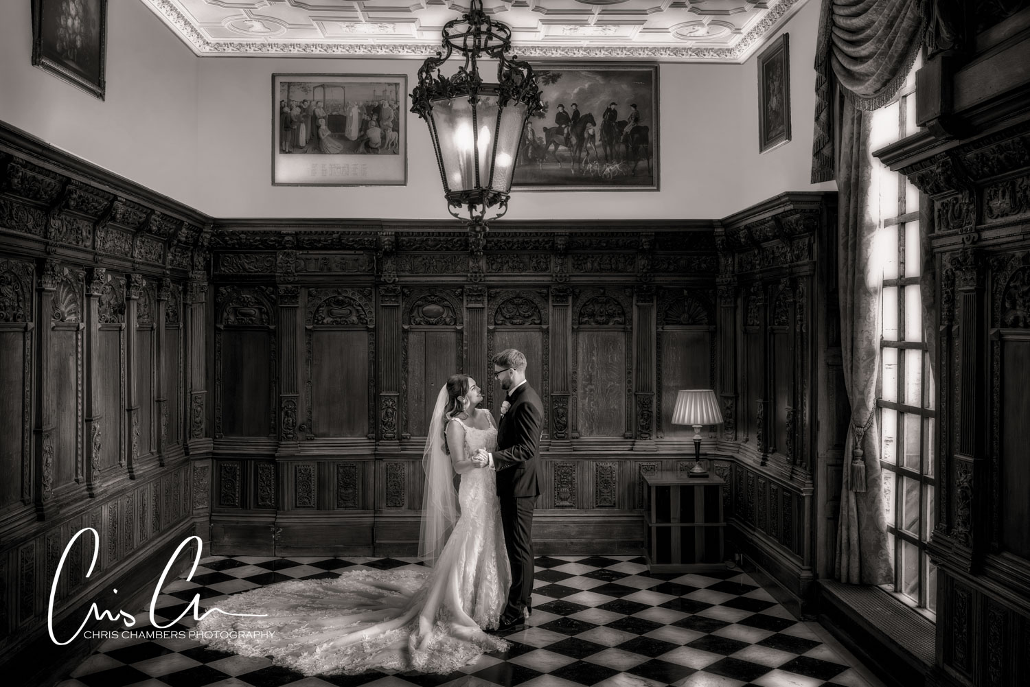 bride and groom portrait at Hazlewood Castle. Award winning wedding photography