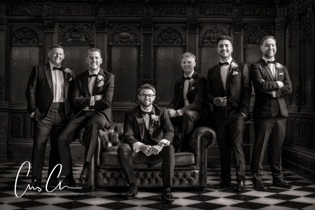 the groom and groomsmen before the wedding at Hazlewood Castle